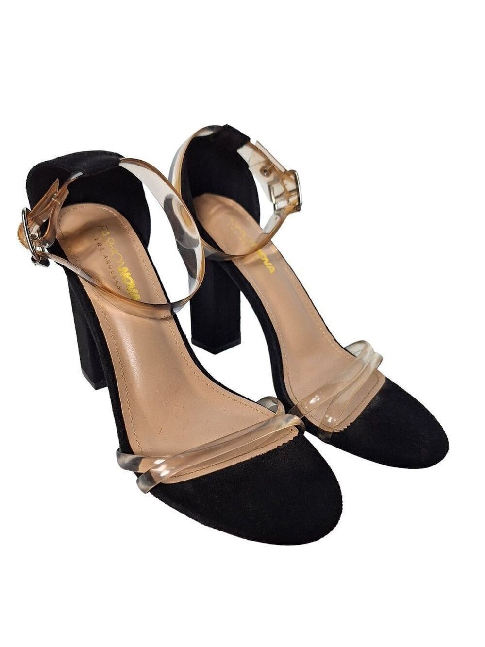 Fashion Nova Black Chunky Heels Clear Strap Size 7.5